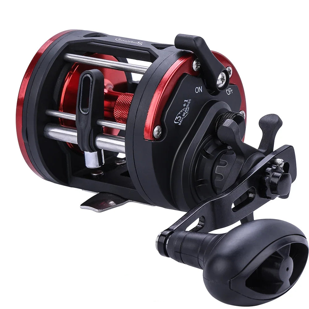 Red heavy-duty trolling fishing reel with an anodized aluminum body and right-hand retrieve