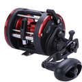 Red heavy-duty trolling fishing reel with an anodized aluminum body and right-hand retrieve