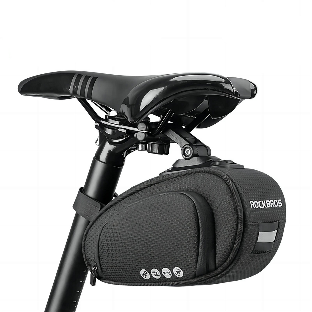 Black rainproof bike saddle bag featuring shockproof padding and quick release bracket mounted under bicycle seat