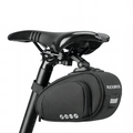 Black rainproof bike saddle bag featuring shockproof padding and quick release bracket mounted under bicycle seat
