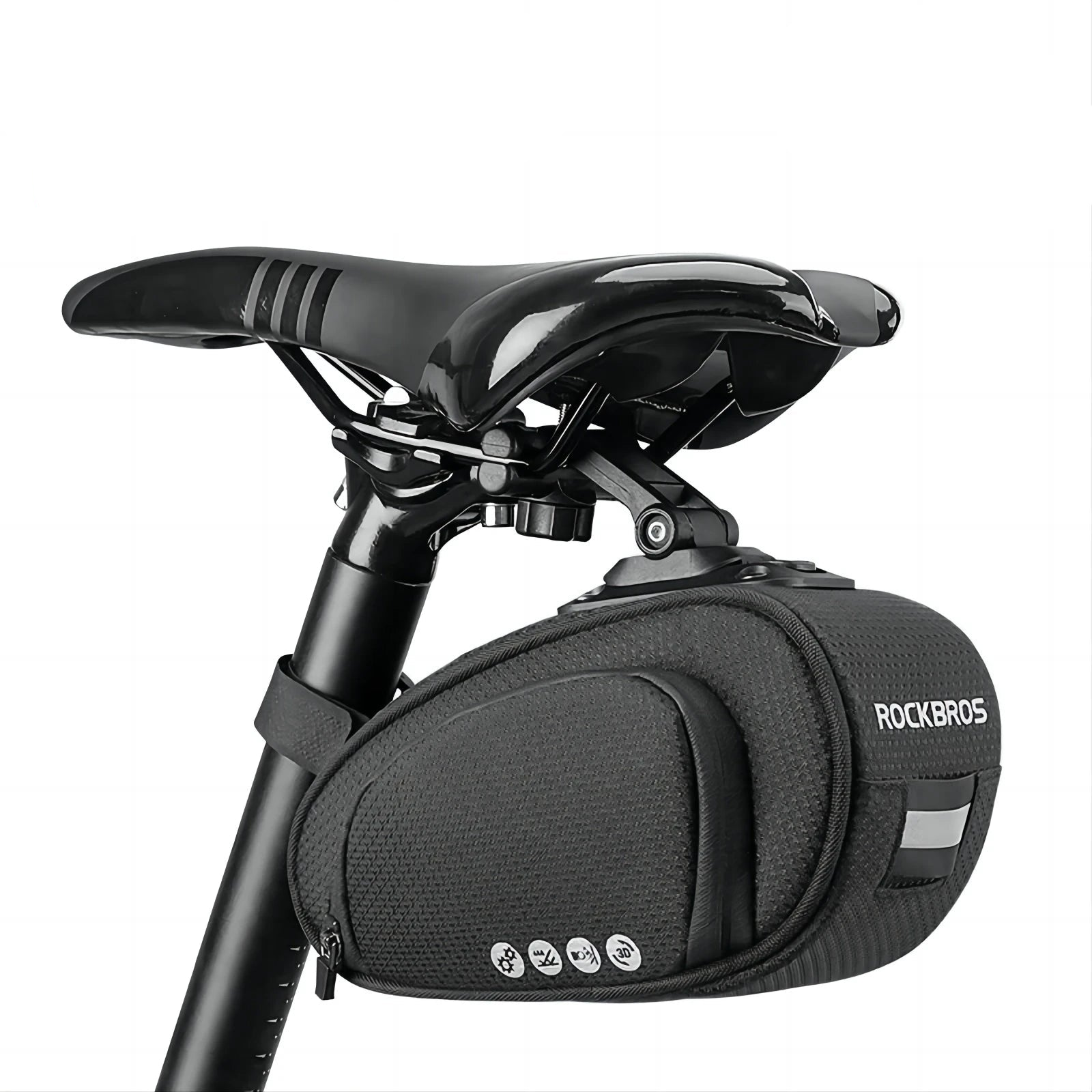 Black rainproof bike saddle bag featuring shockproof padding and quick release bracket mounted under bicycle seat