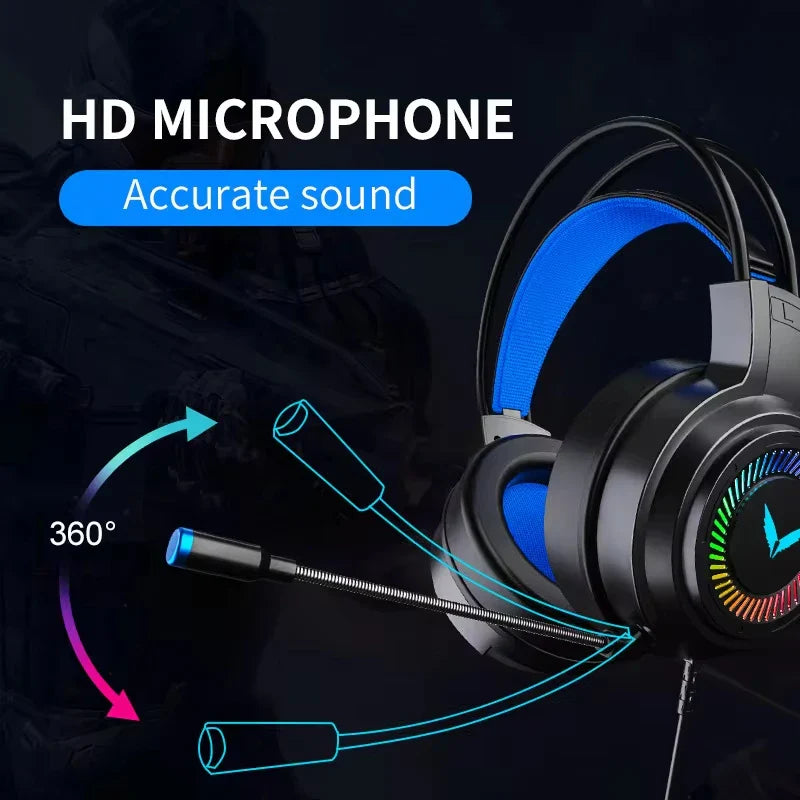 Black NNEOBA virtual surround gaming headset with noise-reducing microphone and RGB breathing LED lights — view 5