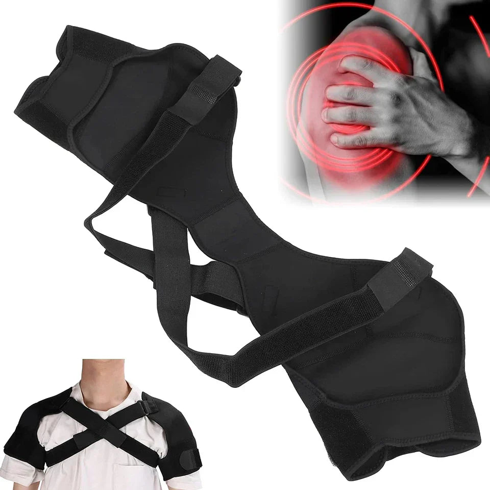 Black neoprene double shoulder brace wrap with adjustable compression straps for pain relief and recovery — view 5