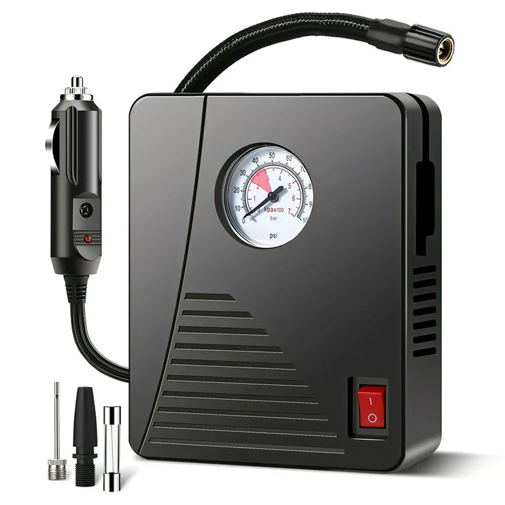Black portable 12V tire inflator mini air compressor with LED flashlight and cigarette lighter plug
