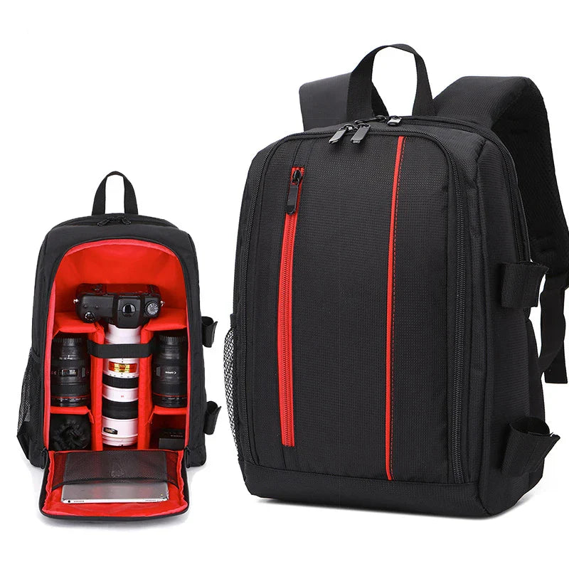 Red waterproof camera backpack in durable nylon with padded compartments for DSLR lenses and tripod — view 2