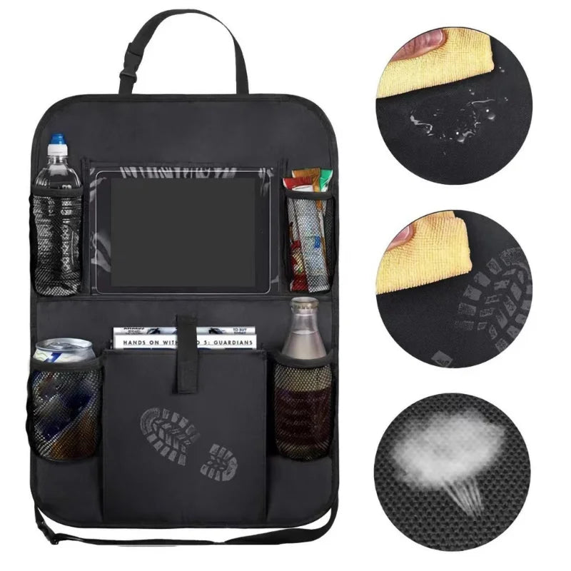 Black car backseat organizer with touch screen tablet holder, mesh pockets, and storage compartments. — view 5