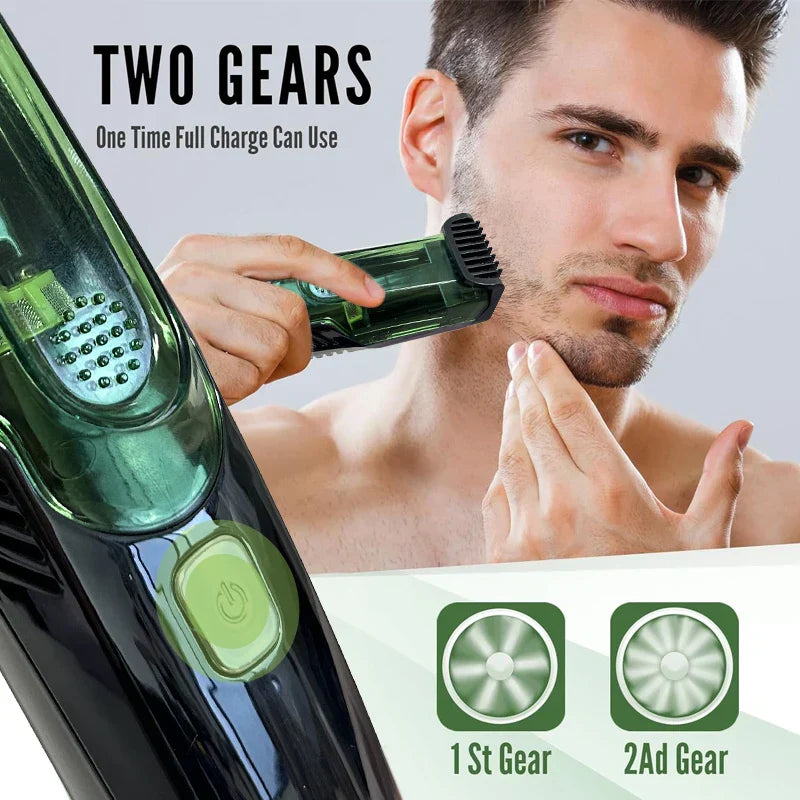 Green cordless beard trimmer and electric shaver with adjustable comb attachments and built-in vacuum system — view 5