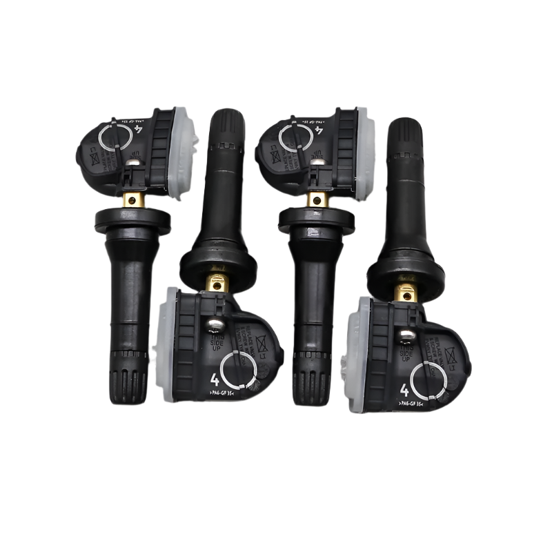 Four black tire pressure monitoring system sensors for vehicle safety and maintenance