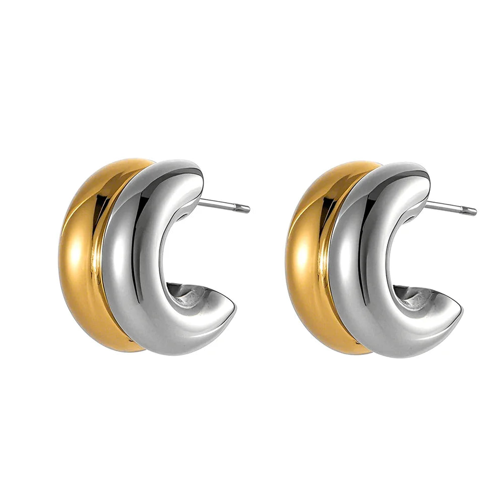 Gold plated geometric stud earrings made of hypoallergenic stainless steel on a clean background — view 3