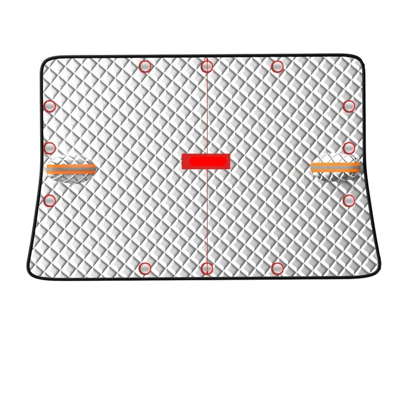 Magnetic car windshield cover in black oxford cloth protecting a vehicle from snow and ice