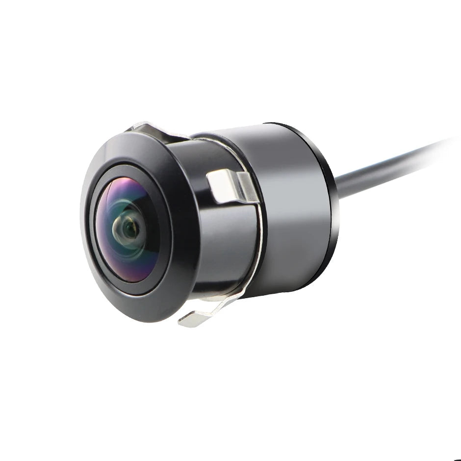 Black universal car backup camera with wide-angle lens for front and rear view monitoring