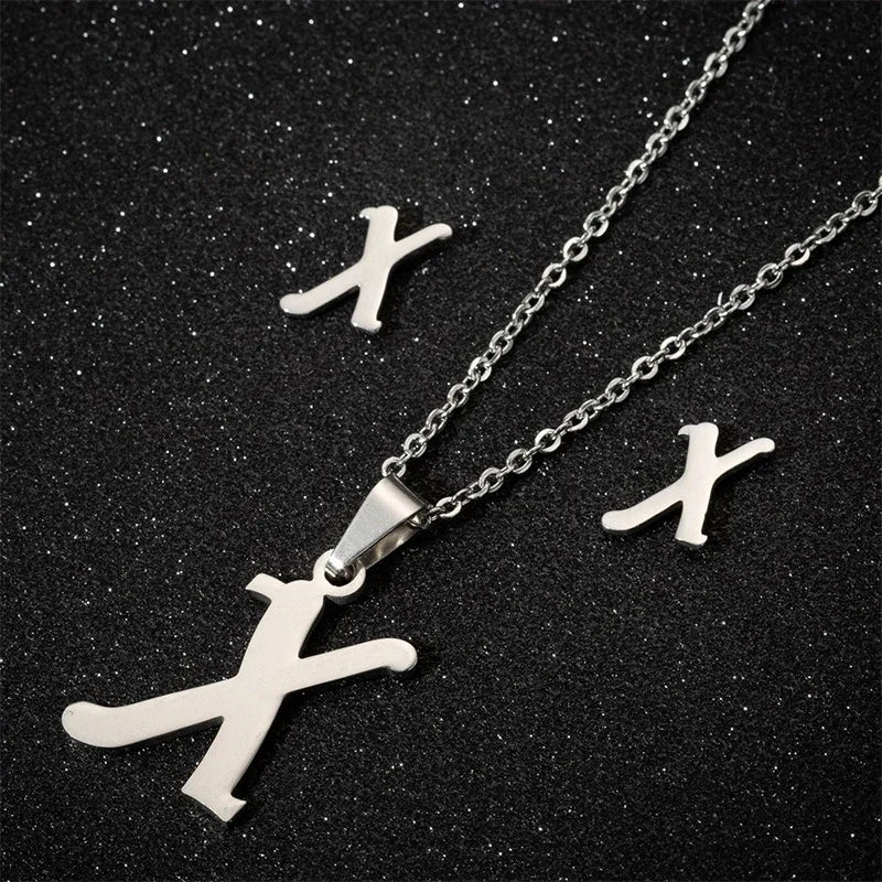 Stainless steel initial necklace and matching letter stud earrings set for women — view 4
