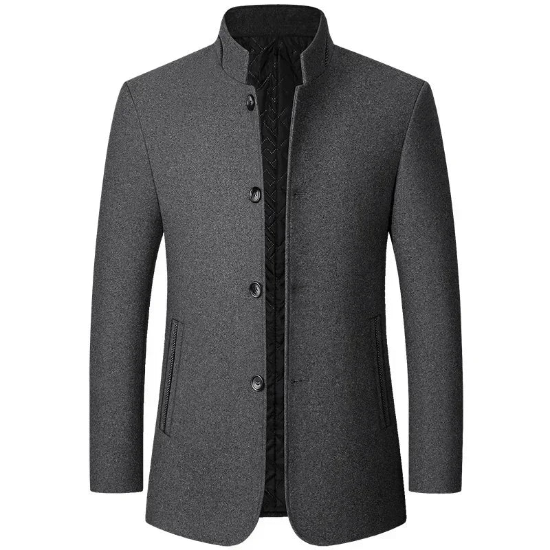 Men's gray winter wool blend business overcoat featuring a sleek single-breasted mandarin collar
