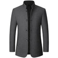 Men's gray winter wool blend business overcoat featuring a sleek single-breasted mandarin collar