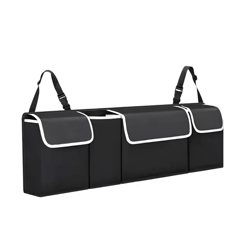 Black polyester car back seat organizer with multiple storage pockets hanging on a front seat