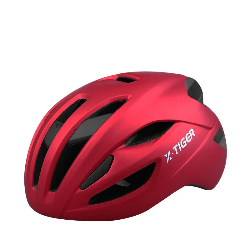 Red lightweight racing-inspired adult bicycle helmet with adjustable dial and aerodynamic vents