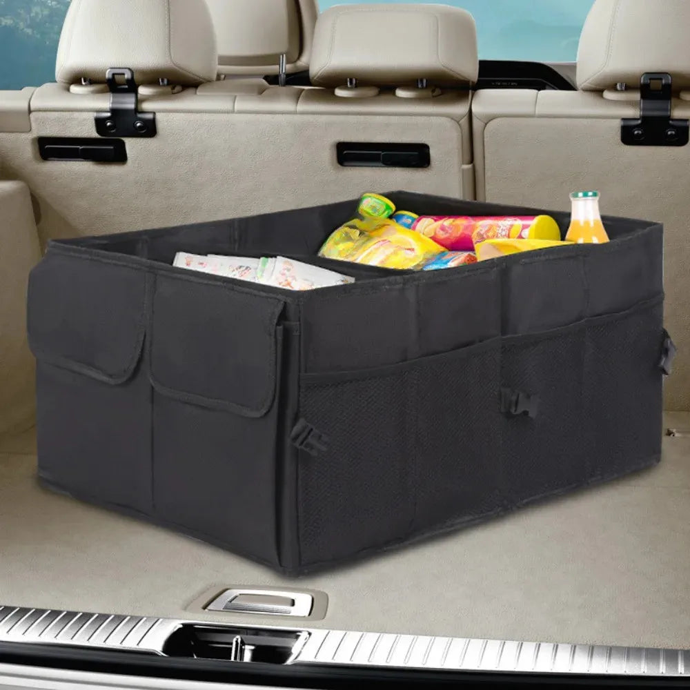 Large-capacity black collapsible car trunk organizer with multiple storage compartments and reinforced carrying handles — view 2