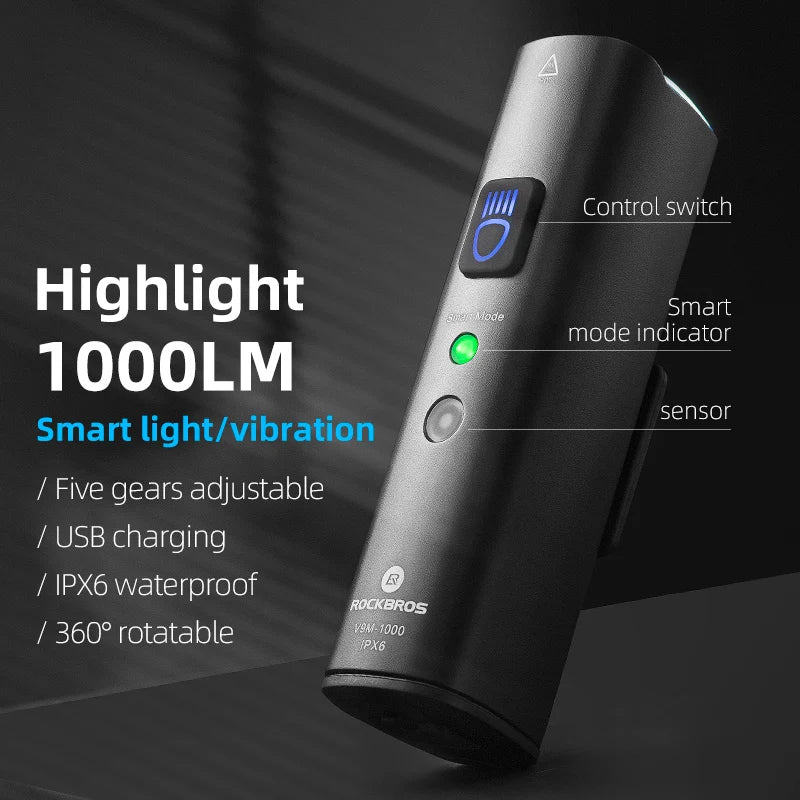 Black 1000LM smart bike headlight made of aluminum alloy for high visibility night cycling — view 2