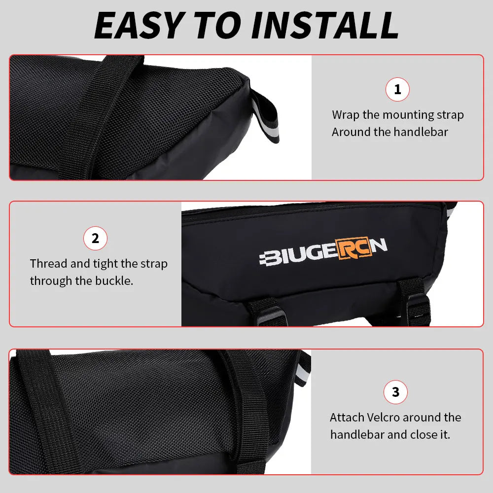 Waterproof motorcycle handlebar bag in durable fabric with secure zipper closure and universal mounting straps — view 3