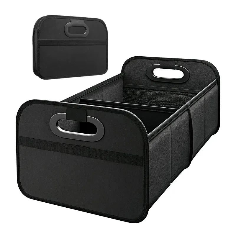 Black large collapsible trunk storage box organizer with multiple side pockets and interior compartments