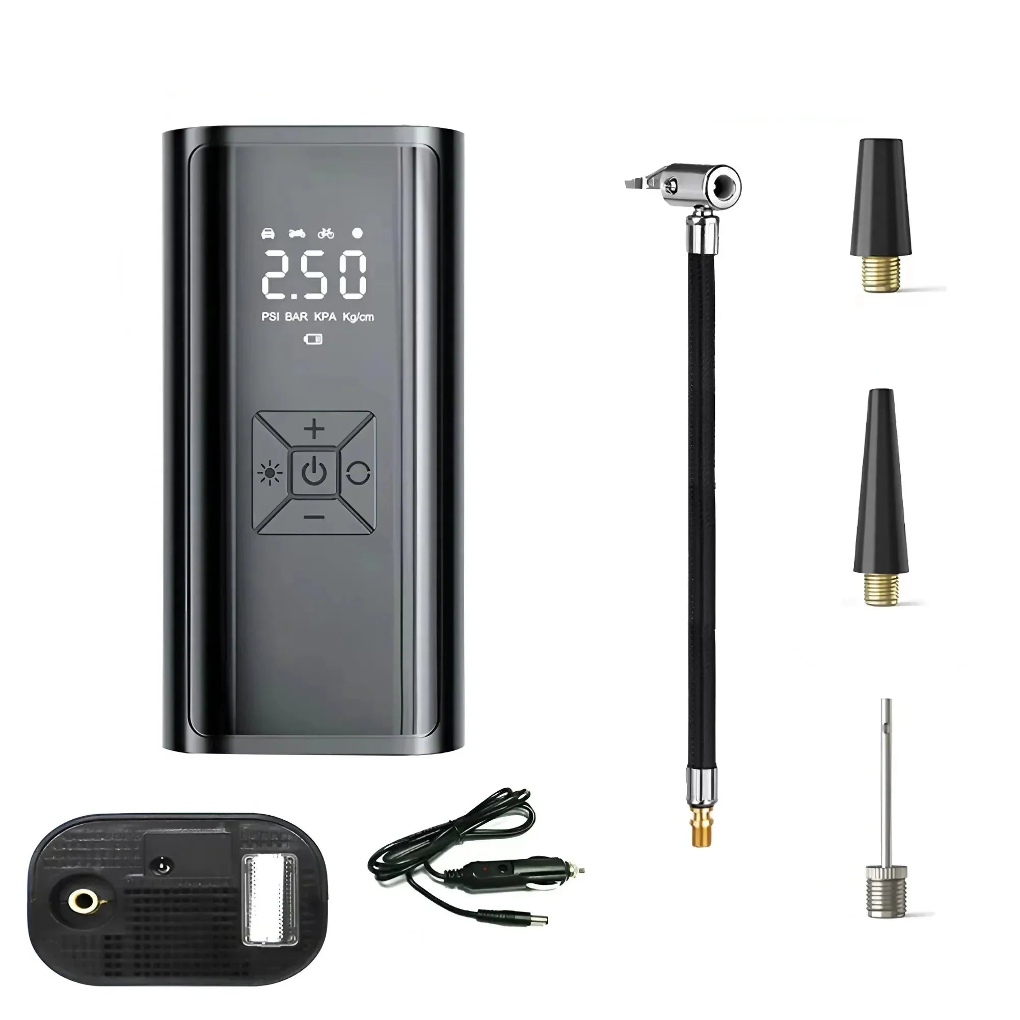 Black wireless handheld 120W digital tire inflator and air compressor for cars and bicycles.