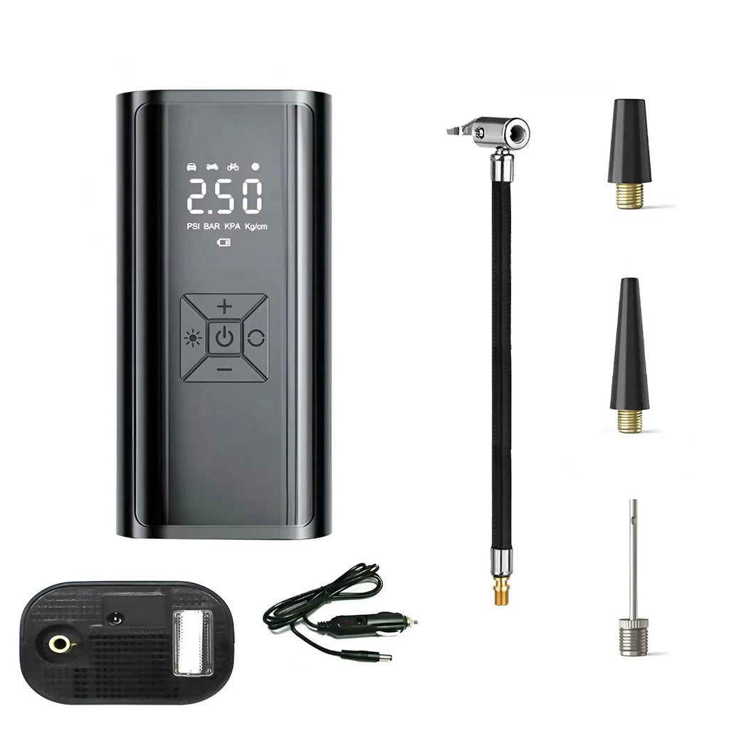 Black wireless handheld 120W digital tire inflator and air compressor for cars and bicycles.