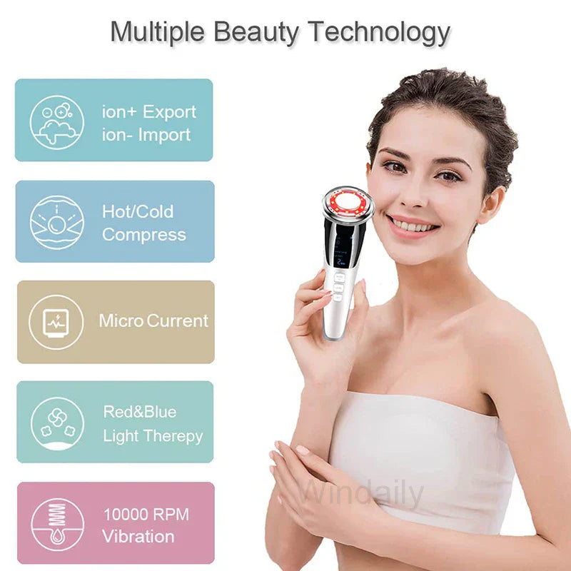 EMS face lifting beauty device in white with LED light and metallic massage head — view 3