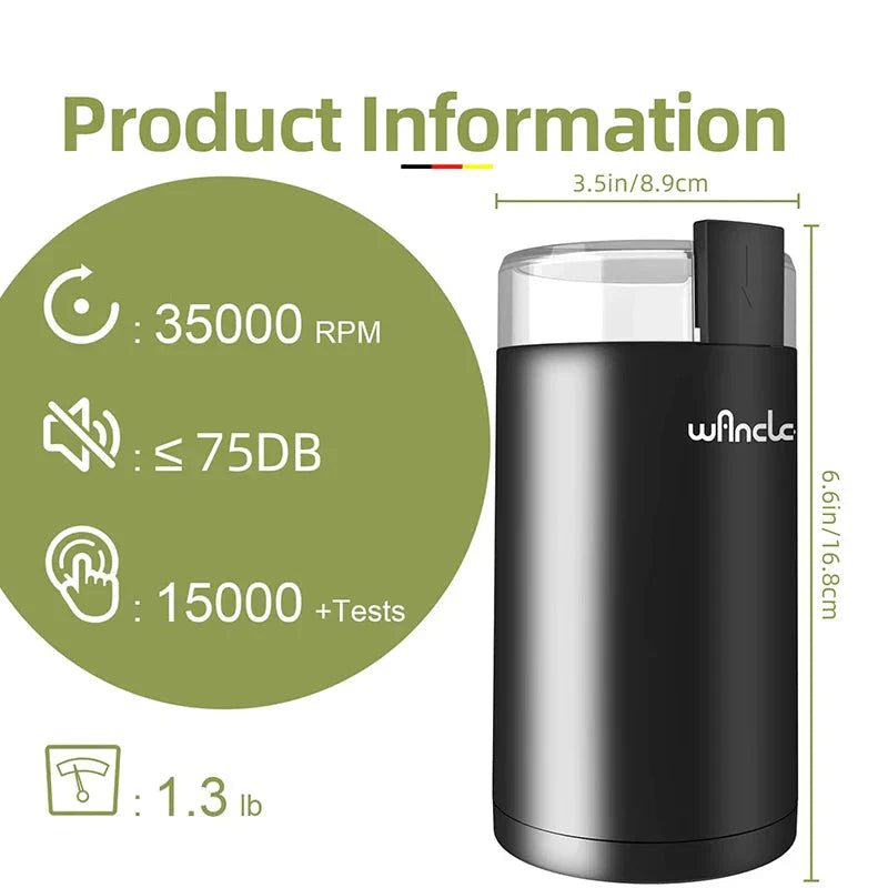 Black 200W electric coffee grinder with transparent lid and stainless steel bowl — view 4