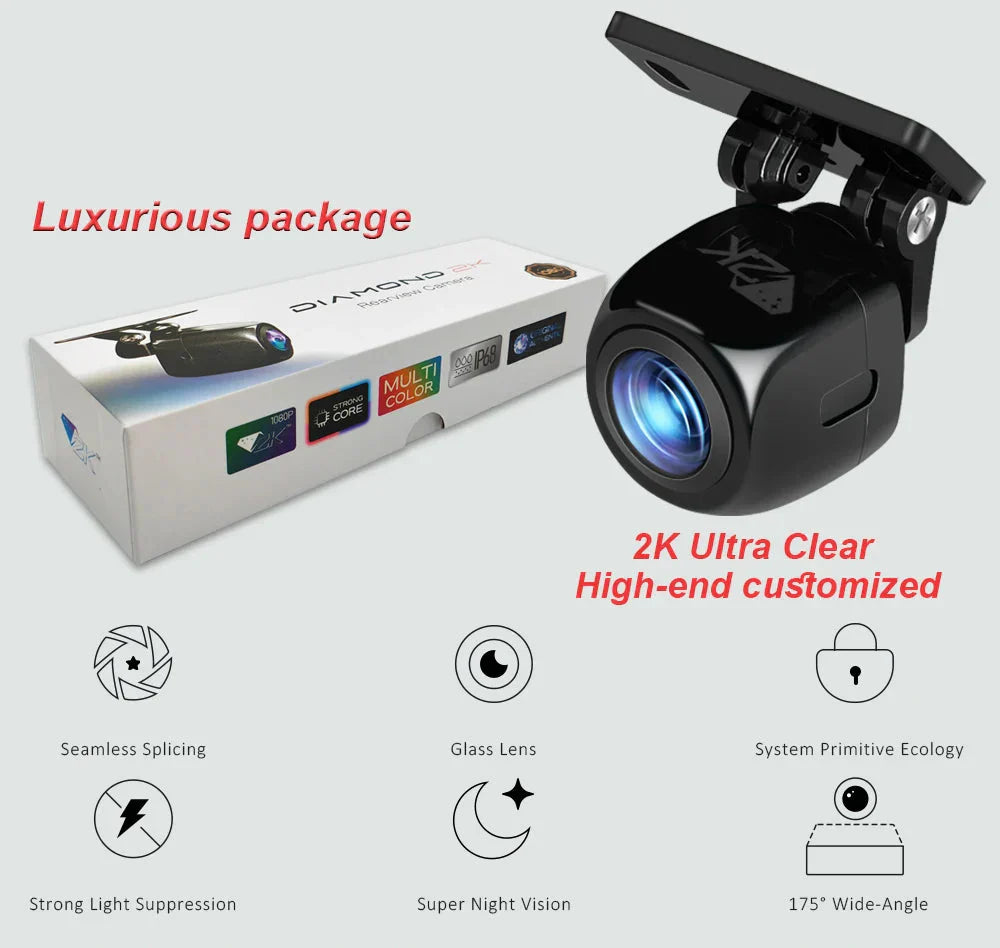 Black AHD 2K car rear view camera featuring a wide angle golden fisheye lens. — view 2