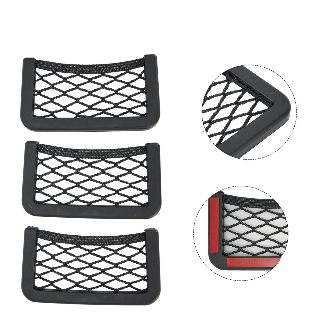 Universal car seat organizer mesh net pocket set in black with three adhesive pieces