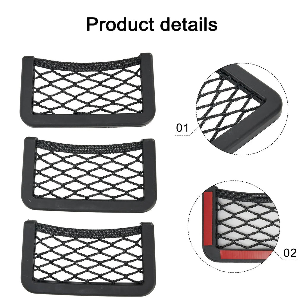 Universal car seat organizer mesh net pocket set in black with three adhesive pieces — view 4
