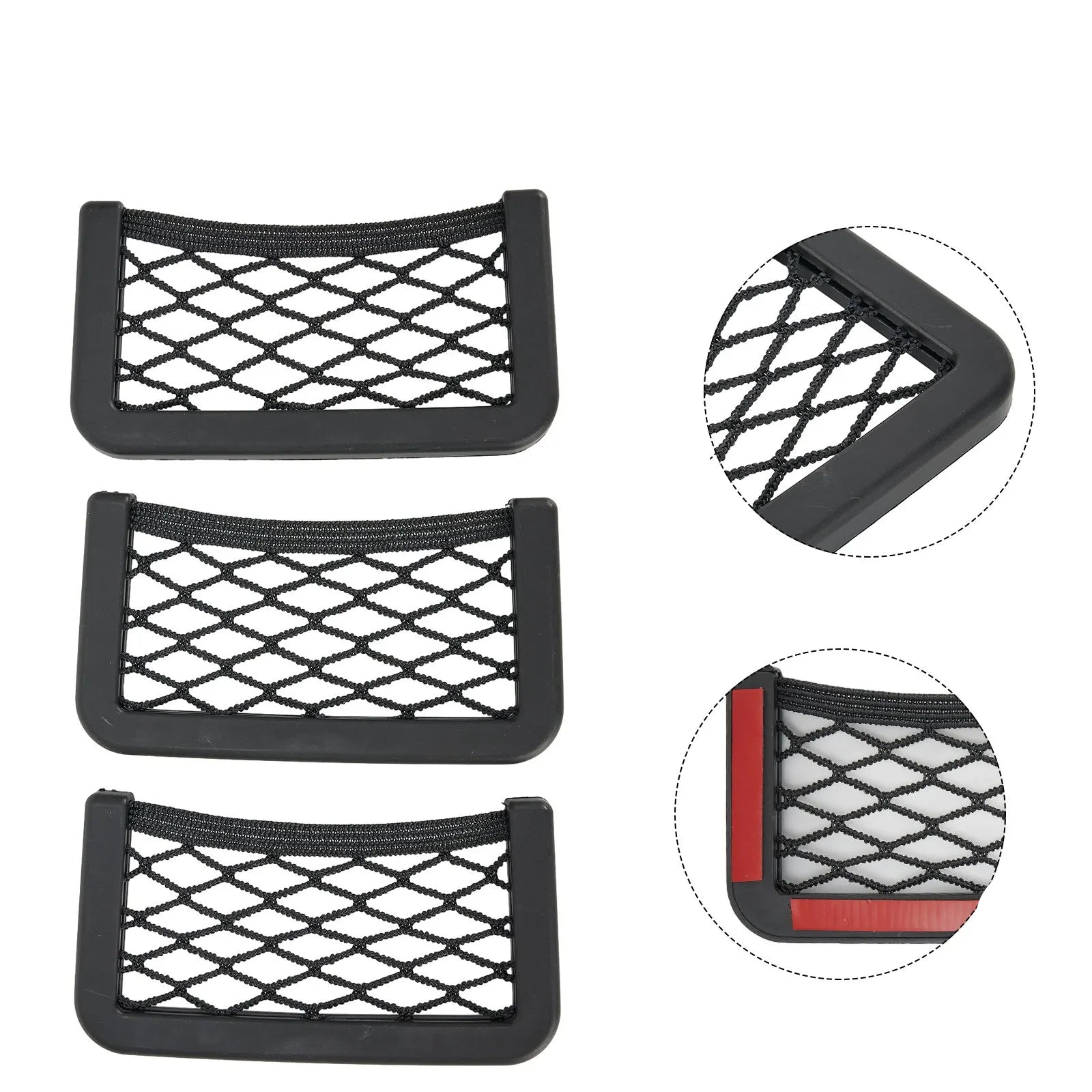 Universal car seat organizer mesh net pocket set in black with three adhesive pieces