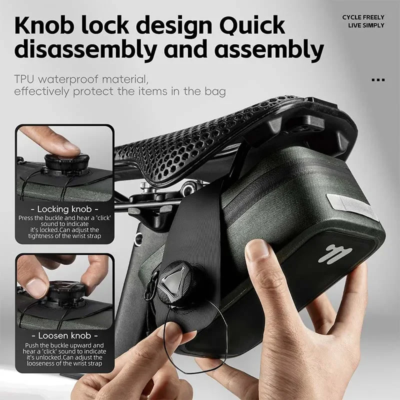 Green waterproof mini bicycle saddle bag made of 600D TPU with a rotating lacing buckle — view 3