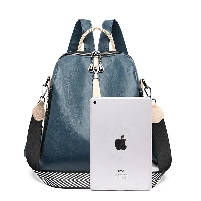 Womens blue soft PU leather fashion backpack rucksack with zipper closure and adjustable shoulder straps — view 3