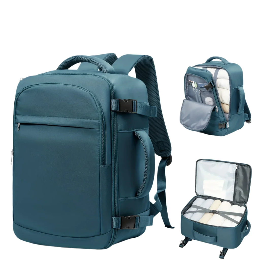 Peacock blue cabin carry-on travel backpack made of durable nylon with ergonomic air cushion straps — view 5