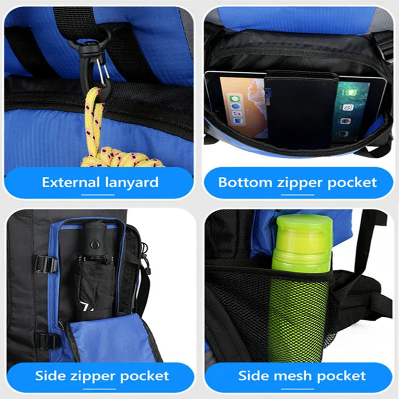 Waterproof trekking backpack in a large 90L capacity, designed for rugged hiking and camping adventures — view 5