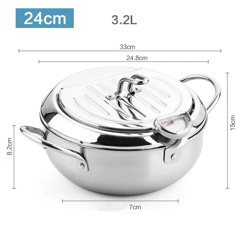 Silver 24cm stainless steel deep frying pot with built in thermometer and secure splash guard lid — view 2