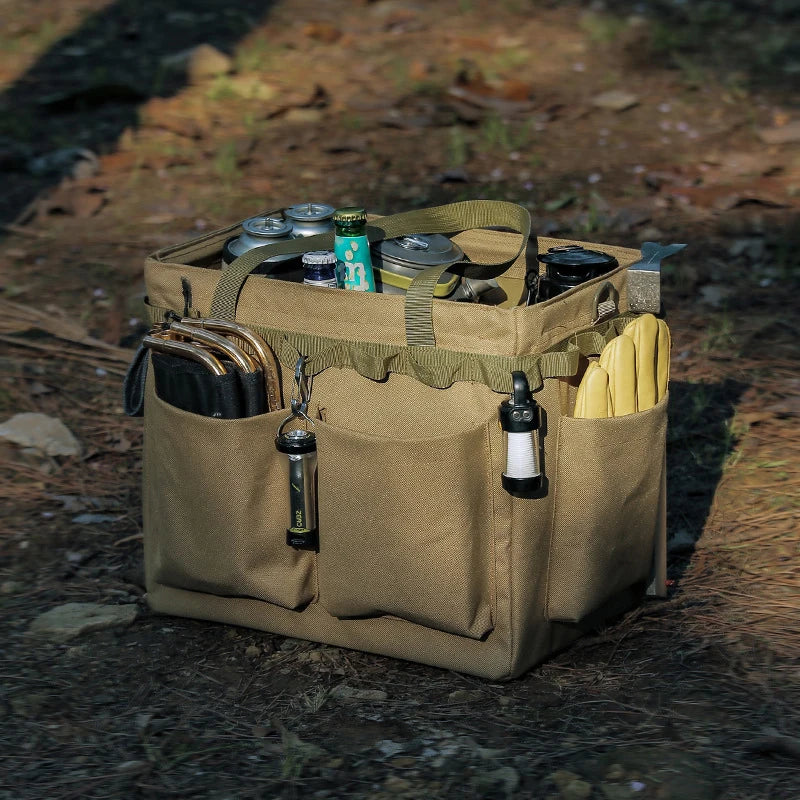Khaki canvas multi-functional outdoor storage bag converting into a small portable camping table. — view 3