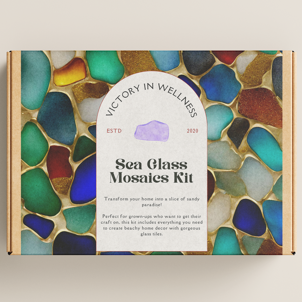 Sea glass mosaic craft kit with natural irregular glass pieces, paint, and easy grip brush.