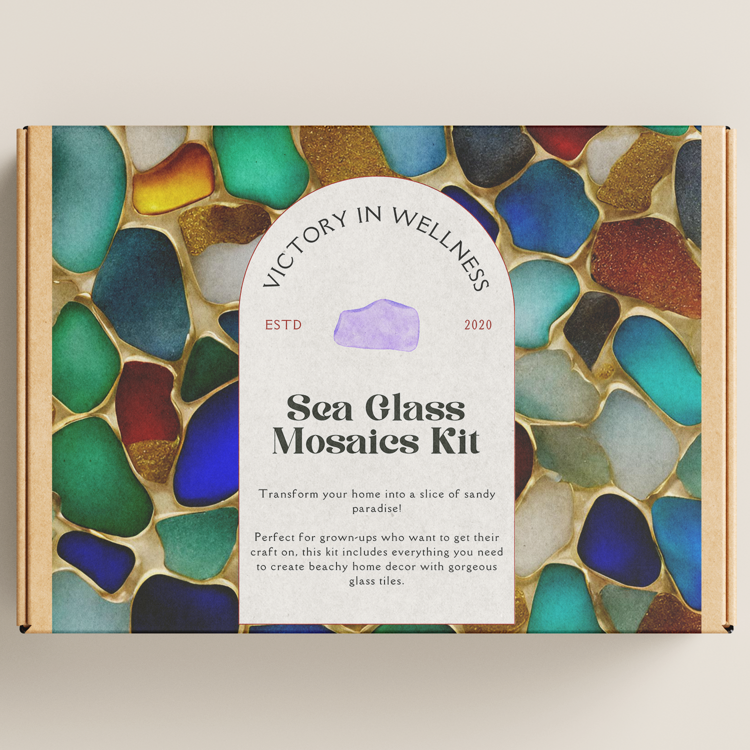 Sea glass mosaic craft kit with natural irregular glass pieces, paint, and easy grip brush.