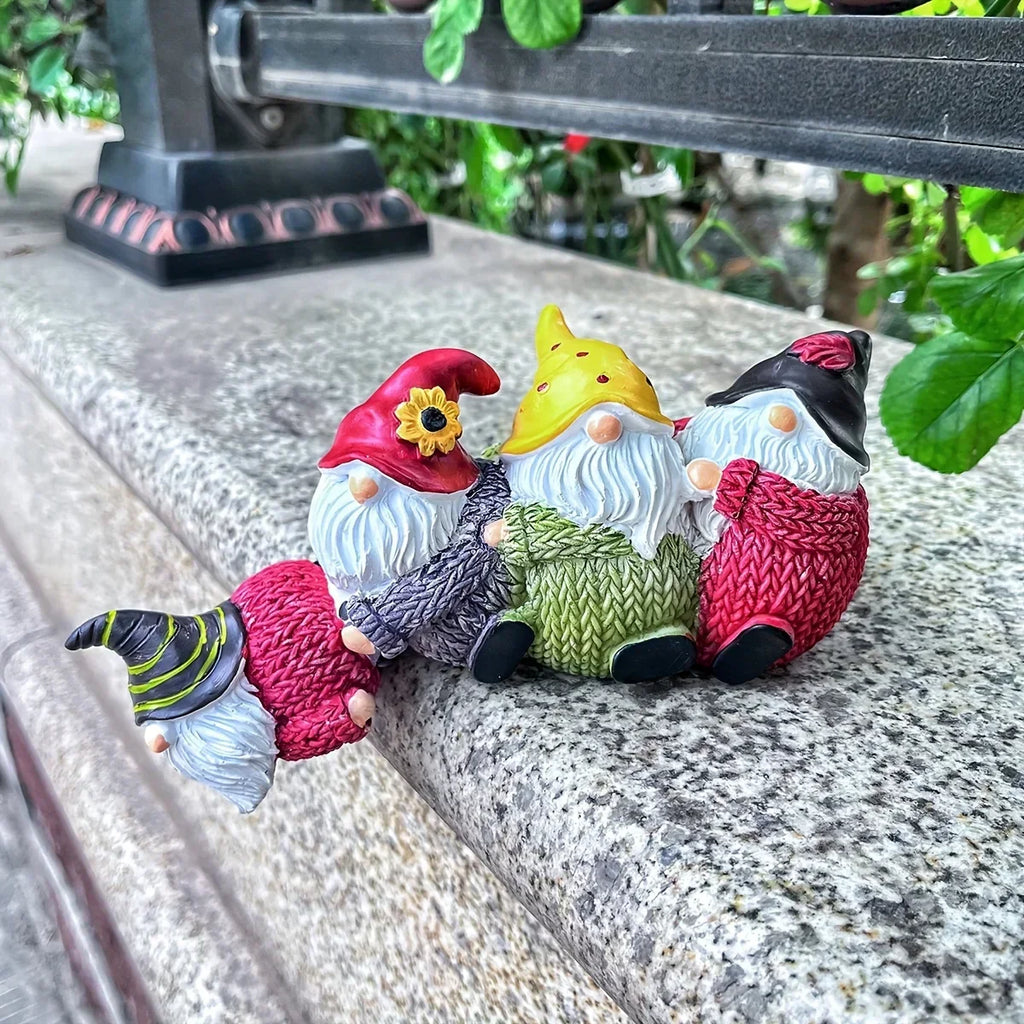 Whimsical cute gnome old man resin shelf sitter ornament rescuing a friend from a ledge — view 5