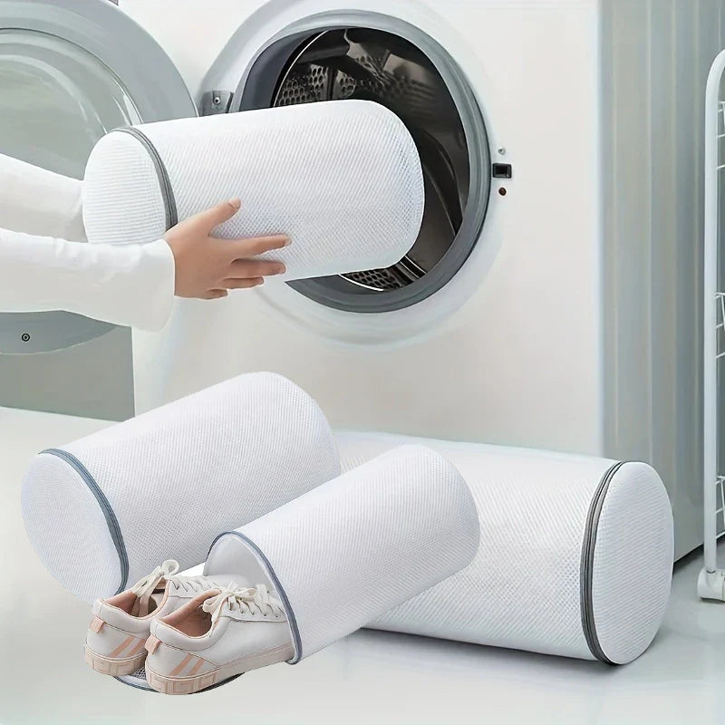 Versatile white mesh shoe washing bag with zipper closure for protecting sneakers and delicate laundry