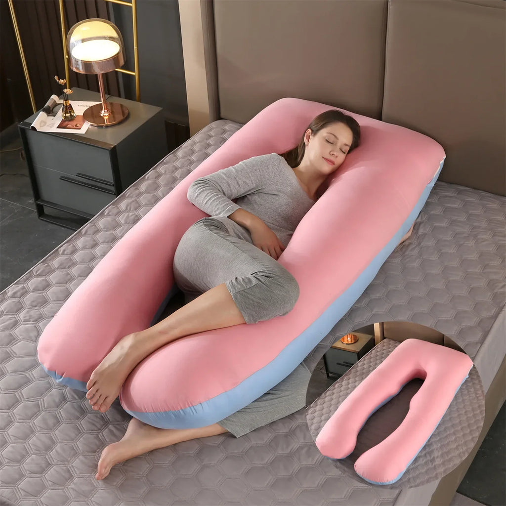 U-shaped multifunctional maternity pillow with a soft cotton cover for full body pregnancy support