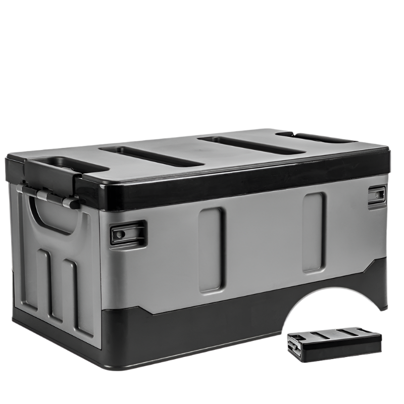 Black foldable camping storage box made of waterproof plastic with closed lid
