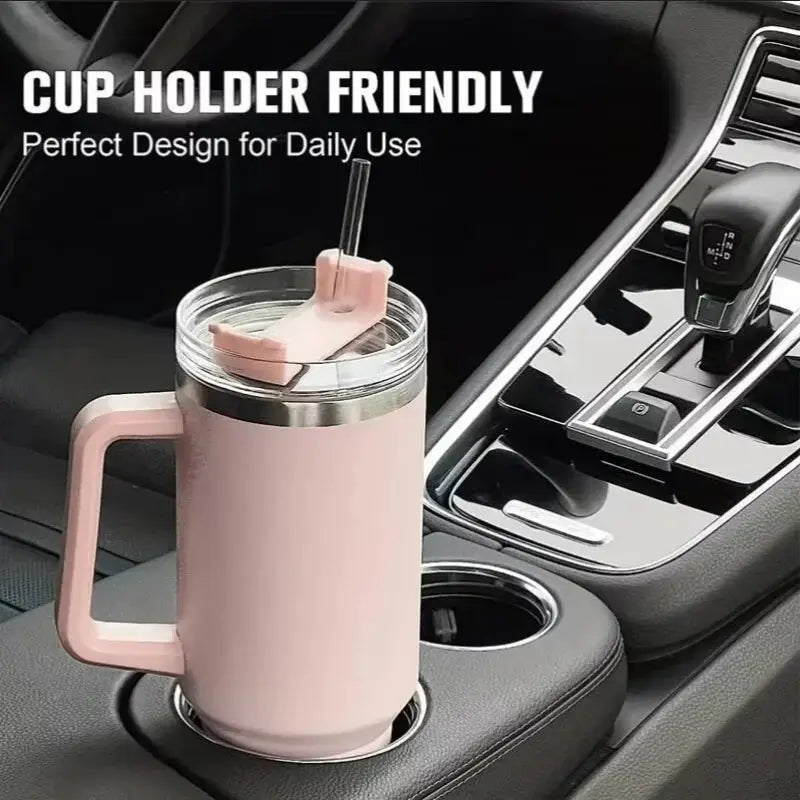 40oz insulated travel tumbler with handle and reusable straw, large stainless steel coffee cup — view 2