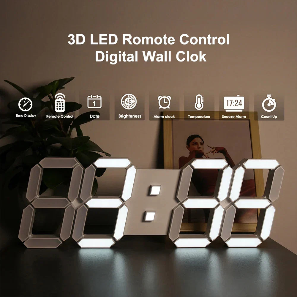 Modern 3D LED wall clock with large digital display, showing time and remote control accessories. — view 3