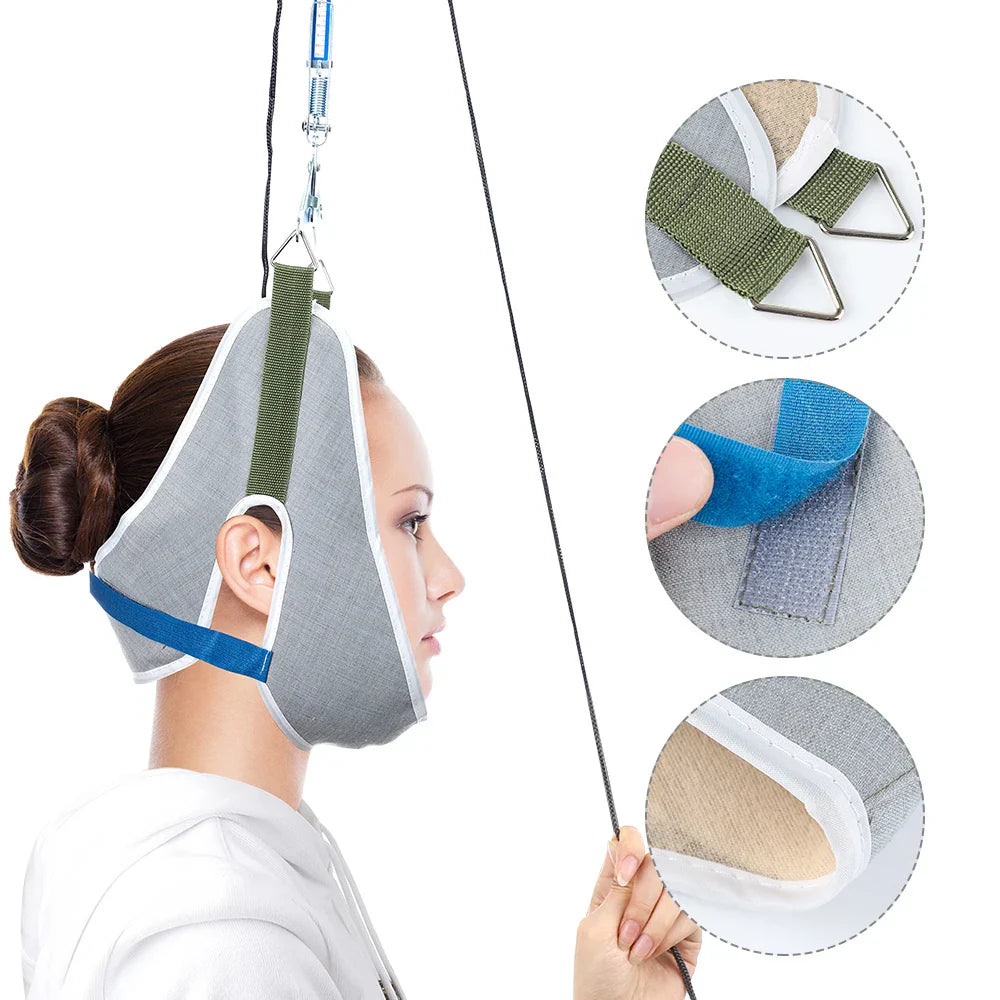 Army green over-door neck traction kit with adjustable canvas head brace and steel hardware. — view 3