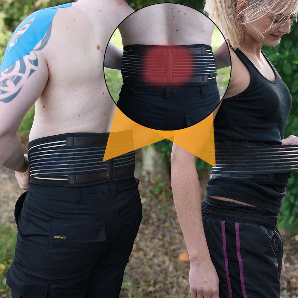 Self-heating back support belt in black worn around the waist for lower back pain relief — view 5