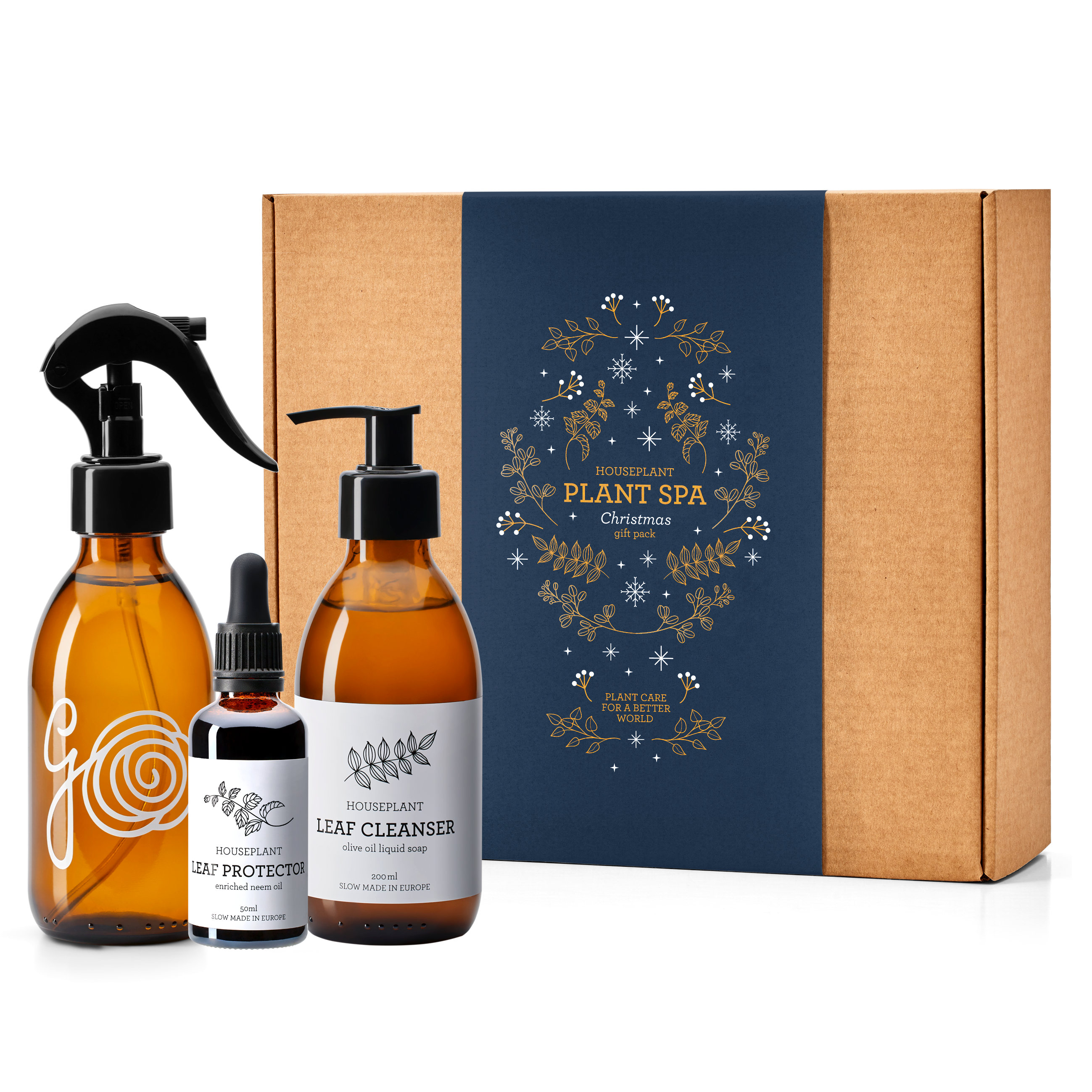 Plant spa gift set with neem oil bottle and plant soap spray in festive holiday packaging