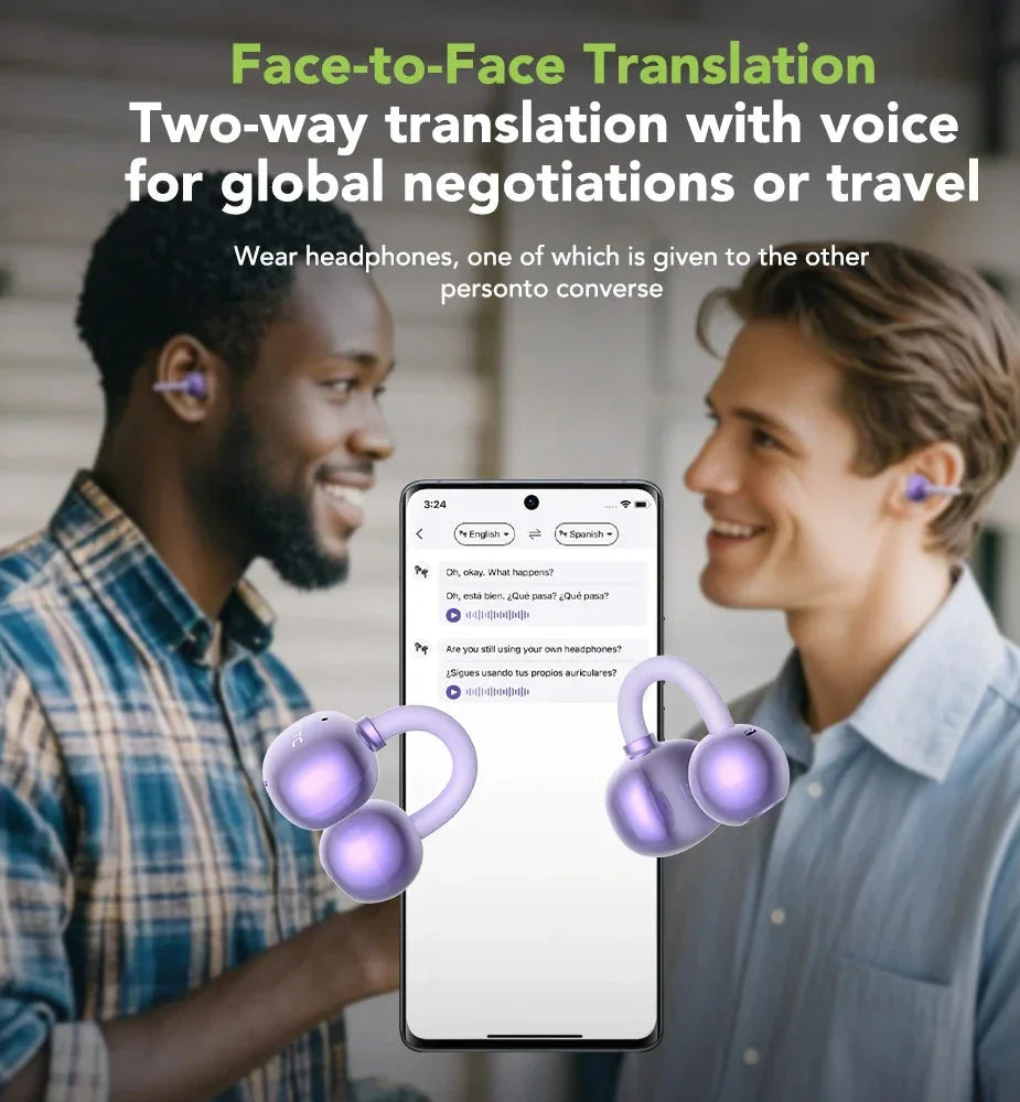 Purple open-ear wireless earbuds with digital LCD charging case and AI translator display — view 5